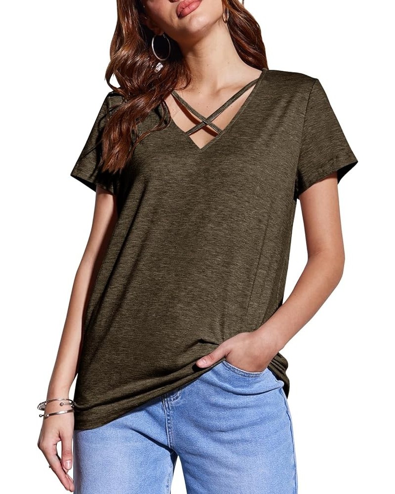 Womens T Shirts 2024 Summer Tops Loose Short Sleeve Tee Casual Basic V Neck Tunics Low Cut Sexy Criss Cross Cute T Dark Brown...