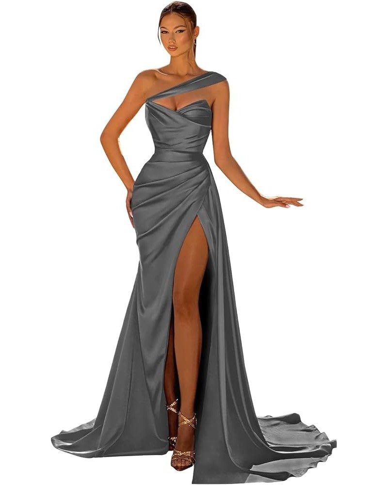 Women's One Shoulder Prom Dresses Long Satin Ball Gown High Slit Mermaid Corset Wedding Guest Formal Evening Dress Grey $29.4...