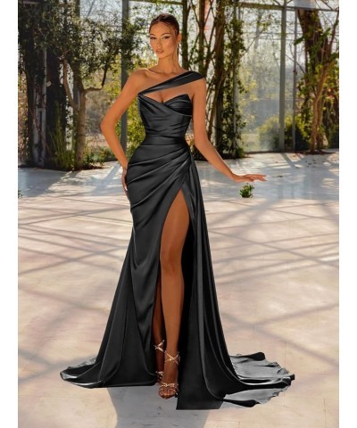 Women's One Shoulder Prom Dresses Long Satin Ball Gown High Slit Mermaid Corset Wedding Guest Formal Evening Dress Grey $29.4...