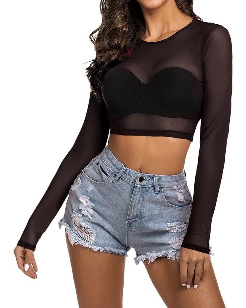 Women Mesh Crop Top Long Sleeve See Through Shirt Sheer Blouse O Neck Clubwear S-4XL Aaa-black $9.02 Tops