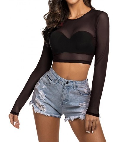 Women Mesh Crop Top Long Sleeve See Through Shirt Sheer Blouse O Neck Clubwear S-4XL Aaa-black $9.02 Tops