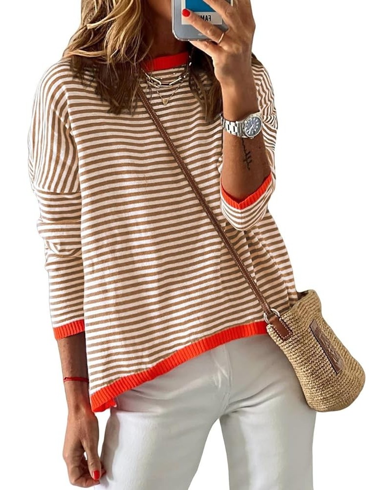 Womens Lightweight Cotton Sweaters Lon Sleeve Crew Neck Color Block Striped Casual Knitted Pullover Tops Brown $10.49 Sweaters