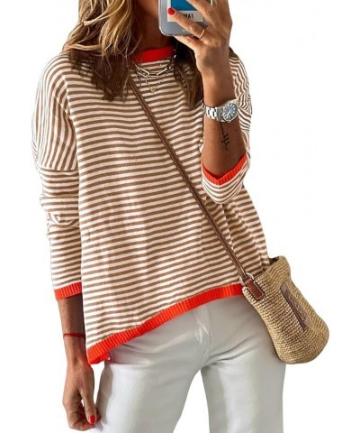 Womens Lightweight Cotton Sweaters Lon Sleeve Crew Neck Color Block Striped Casual Knitted Pullover Tops Brown $10.49 Sweaters