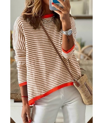 Womens Lightweight Cotton Sweaters Lon Sleeve Crew Neck Color Block Striped Casual Knitted Pullover Tops Brown $10.49 Sweaters