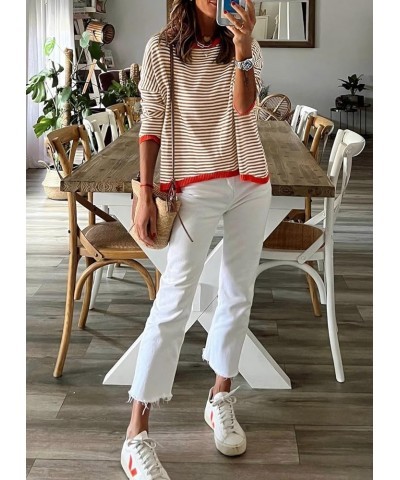 Womens Lightweight Cotton Sweaters Lon Sleeve Crew Neck Color Block Striped Casual Knitted Pullover Tops Brown $10.49 Sweaters