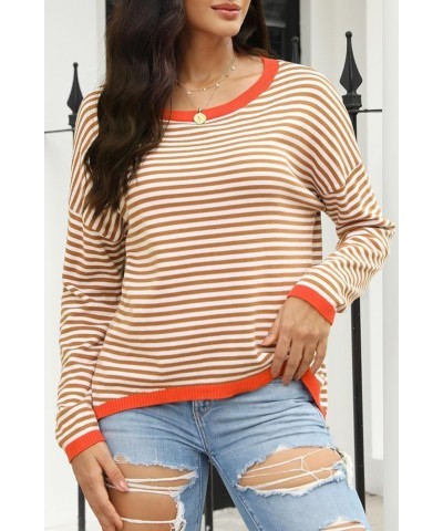 Womens Lightweight Cotton Sweaters Lon Sleeve Crew Neck Color Block Striped Casual Knitted Pullover Tops Brown $10.49 Sweaters