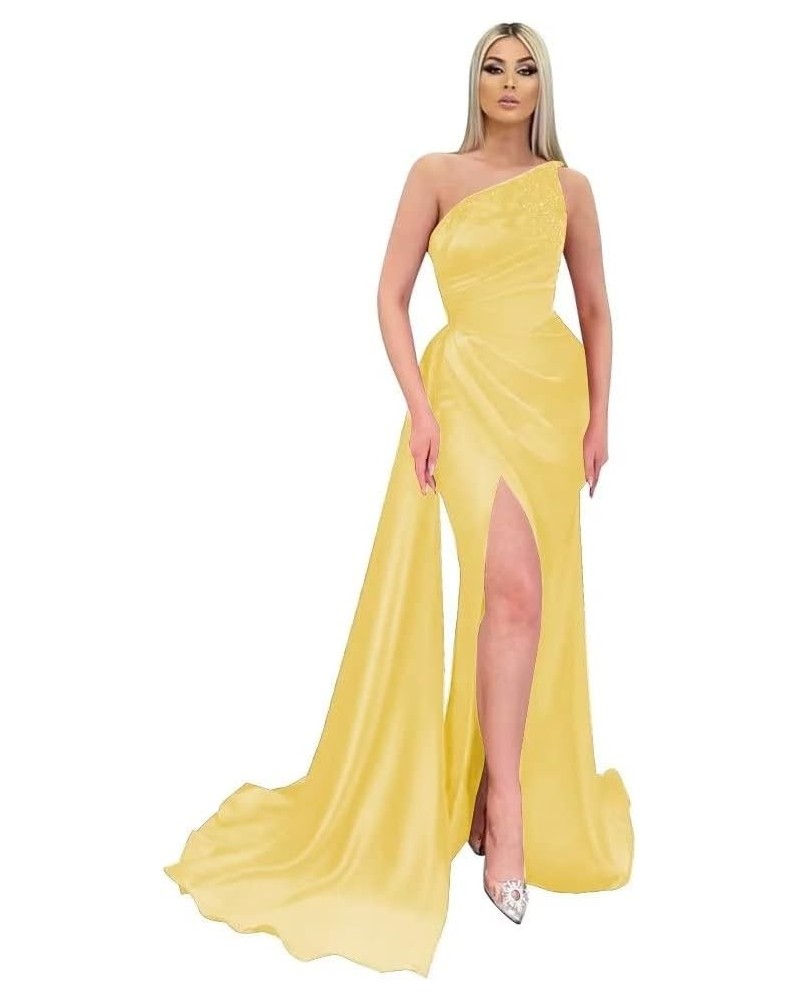 Appliques Mermaid Bridesmaid Dresses One Shoulder Prom Dress for Women Bodycon Formal Evening Gown with Slit Yellow $35.28 Dr...