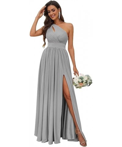 One Shoulder Bridesmaid Dresses with Slit Long A-line Pleated Chiffon Formal Party Dresses YO037 Silver $23.10 Dresses