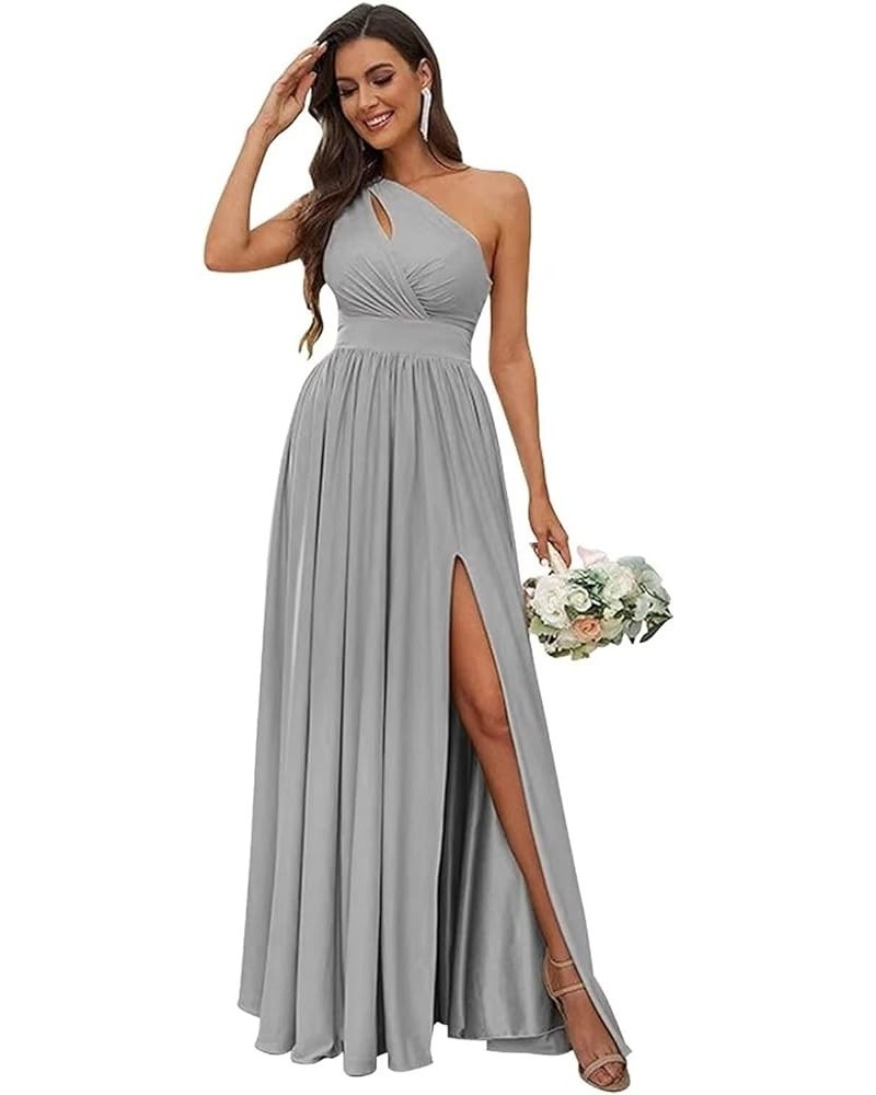 One Shoulder Bridesmaid Dresses with Slit Long A-line Pleated Chiffon Formal Party Dresses YO037 Silver $23.10 Dresses