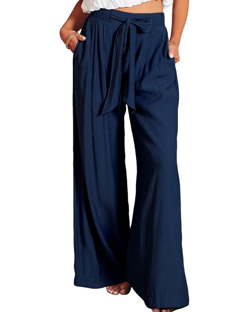 Casual Wide Leg Pants for Women Back Elastic Waist Tie Pants with Pockets Blue $17.15 Pants