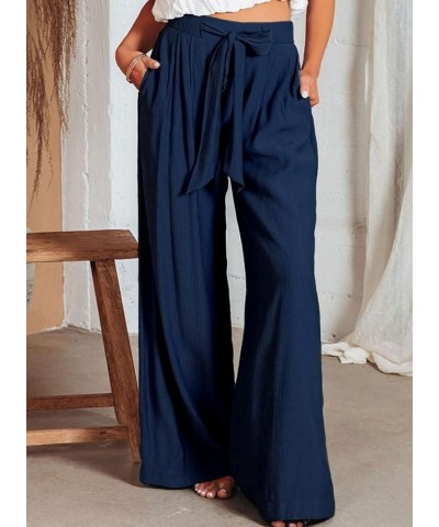 Casual Wide Leg Pants for Women Back Elastic Waist Tie Pants with Pockets Blue $17.15 Pants