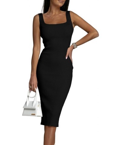 Women's Square Neck Ribbed Knit Sleeveless Fitted Tank Bodycon Party Midi Dress Solid Black $15.99 Dresses