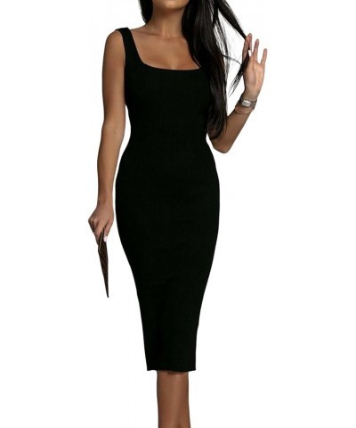 Women's Square Neck Ribbed Knit Sleeveless Fitted Tank Bodycon Party Midi Dress Solid Black $15.99 Dresses