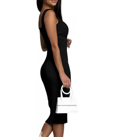 Women's Square Neck Ribbed Knit Sleeveless Fitted Tank Bodycon Party Midi Dress Solid Black $15.99 Dresses