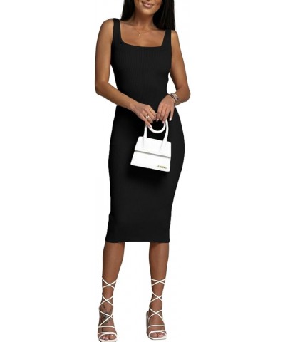 Women's Square Neck Ribbed Knit Sleeveless Fitted Tank Bodycon Party Midi Dress Solid Black $15.99 Dresses