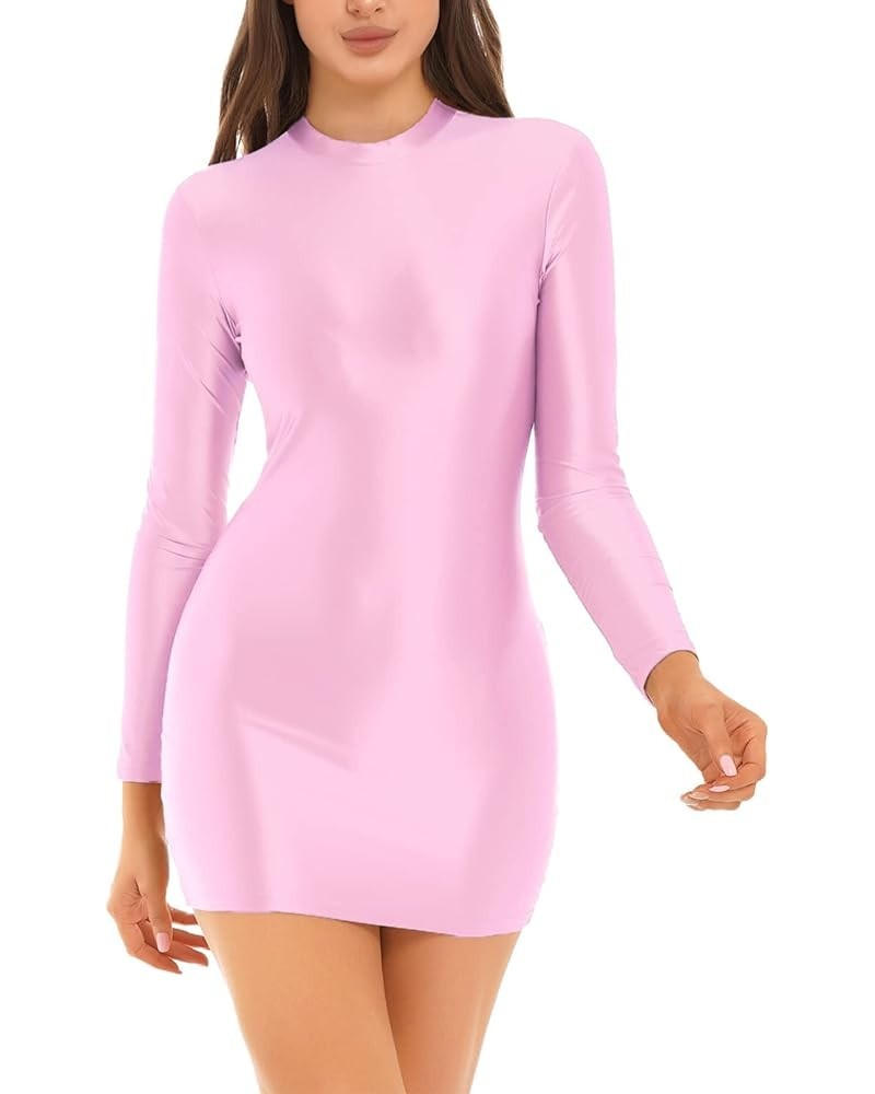 Women's Long Sleeve Bodycon Tight Pencil Dress Oil Glossy Sheer Micro Mini Dress Clubwear Pink $7.39 Dresses