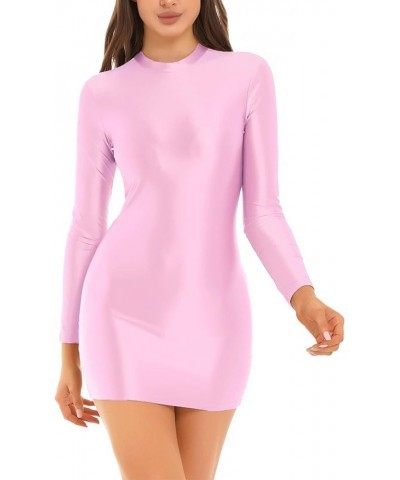 Women's Long Sleeve Bodycon Tight Pencil Dress Oil Glossy Sheer Micro Mini Dress Clubwear Pink $7.39 Dresses