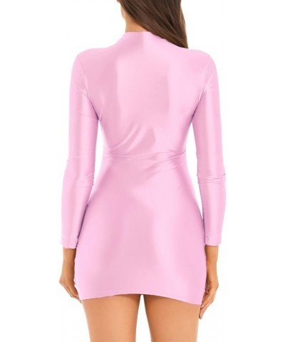 Women's Long Sleeve Bodycon Tight Pencil Dress Oil Glossy Sheer Micro Mini Dress Clubwear Pink $7.39 Dresses