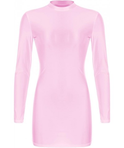 Women's Long Sleeve Bodycon Tight Pencil Dress Oil Glossy Sheer Micro Mini Dress Clubwear Pink $7.39 Dresses