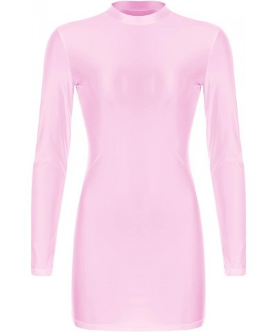 Women's Long Sleeve Bodycon Tight Pencil Dress Oil Glossy Sheer Micro Mini Dress Clubwear Pink $7.39 Dresses