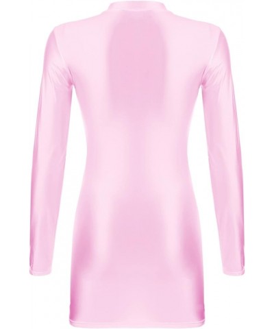 Women's Long Sleeve Bodycon Tight Pencil Dress Oil Glossy Sheer Micro Mini Dress Clubwear Pink $7.39 Dresses