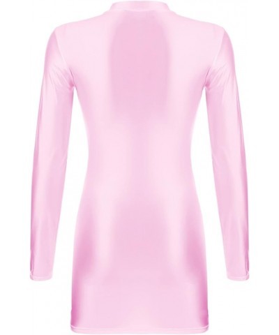 Women's Long Sleeve Bodycon Tight Pencil Dress Oil Glossy Sheer Micro Mini Dress Clubwear Pink $7.39 Dresses