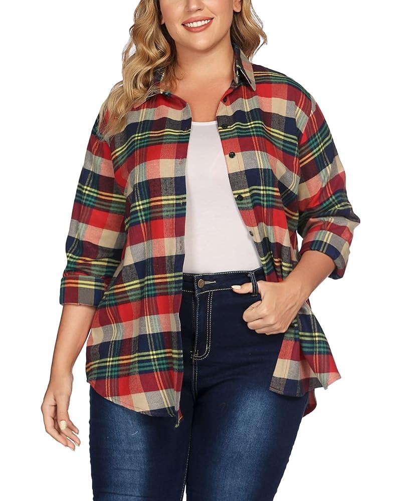 Womens Plus Size Flannel Plaid Shirt Roll Up Long Sleeve Mid-Long Button Down Shirts Casual Boyfriend Tops(16W-28W) Yarn Dyed...