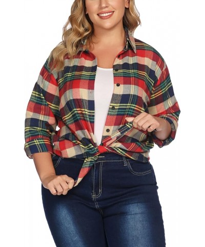 Womens Plus Size Flannel Plaid Shirt Roll Up Long Sleeve Mid-Long Button Down Shirts Casual Boyfriend Tops(16W-28W) Yarn Dyed...