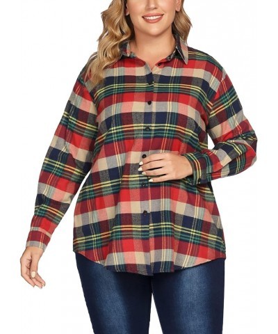 Womens Plus Size Flannel Plaid Shirt Roll Up Long Sleeve Mid-Long Button Down Shirts Casual Boyfriend Tops(16W-28W) Yarn Dyed...