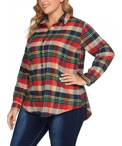 Womens Plus Size Flannel Plaid Shirt Roll Up Long Sleeve Mid-Long Button Down Shirts Casual Boyfriend Tops(16W-28W) Yarn Dyed...