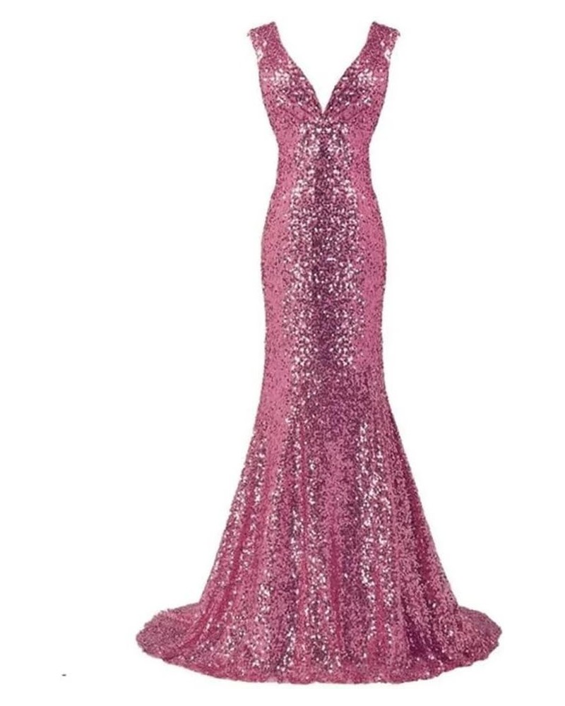 V Neck Sequins Mermaid Bridesmaid Dresses Long Sparkly Plus Size Prom Dresses Wedding Evening Party Gown Pink $36.96 Dresses