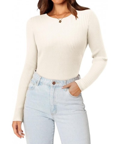 Women's Casual Crewneck T Shirts Ribbed Knit Sweater Slim Fit Solid Basic Ladies Pullovers Fall Long Sleeve Tops A-off White ...