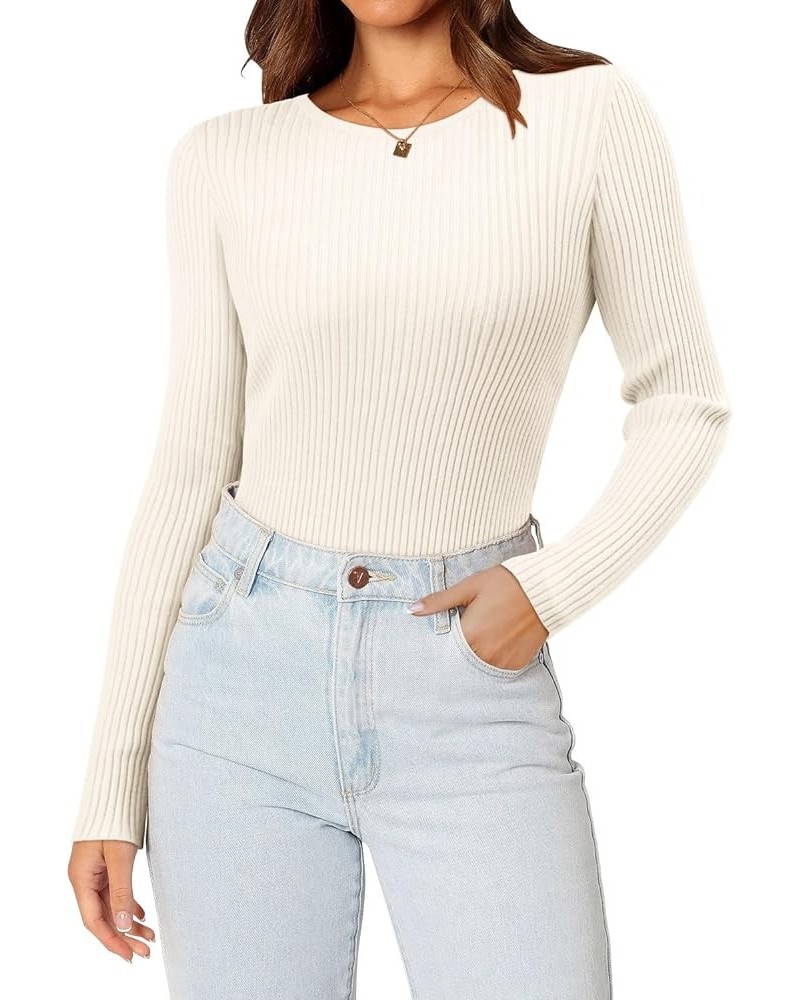 Women's Casual Crewneck T Shirts Ribbed Knit Sweater Slim Fit Solid Basic Ladies Pullovers Fall Long Sleeve Tops A-off White ...