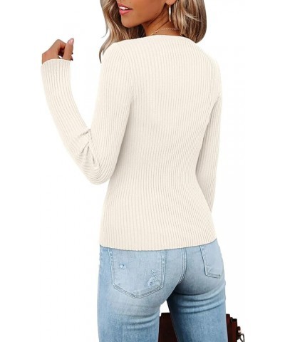 Women's Casual Crewneck T Shirts Ribbed Knit Sweater Slim Fit Solid Basic Ladies Pullovers Fall Long Sleeve Tops A-off White ...