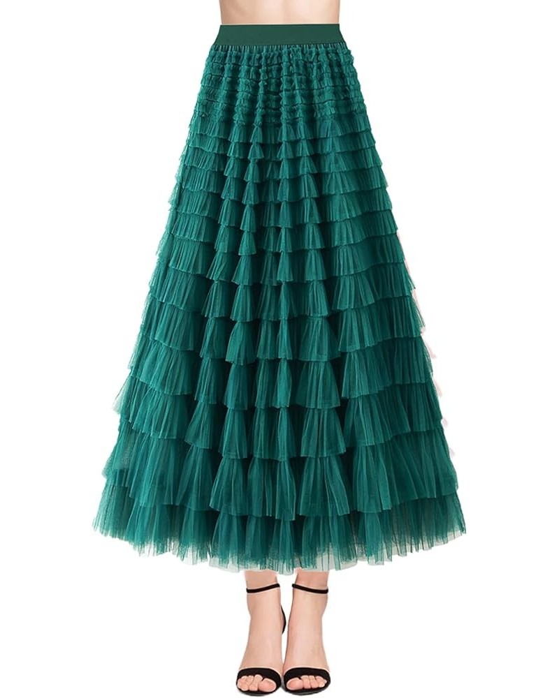 Women Mesh Midi Skirt Multilayer Pleated High Waist Lace Ballet Prom Party Tulle Tutu A-line Long Skirts F-deep Green $8.09 S...