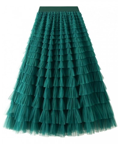 Women Mesh Midi Skirt Multilayer Pleated High Waist Lace Ballet Prom Party Tulle Tutu A-line Long Skirts F-deep Green $8.09 S...