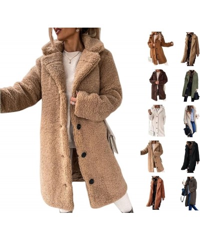 Womens Fuzzy Fleece Button Down Coats Lapel Open Front Cardigans Long Jackets Plush Overcoat Winter Warm Outwear A-khaki $11....