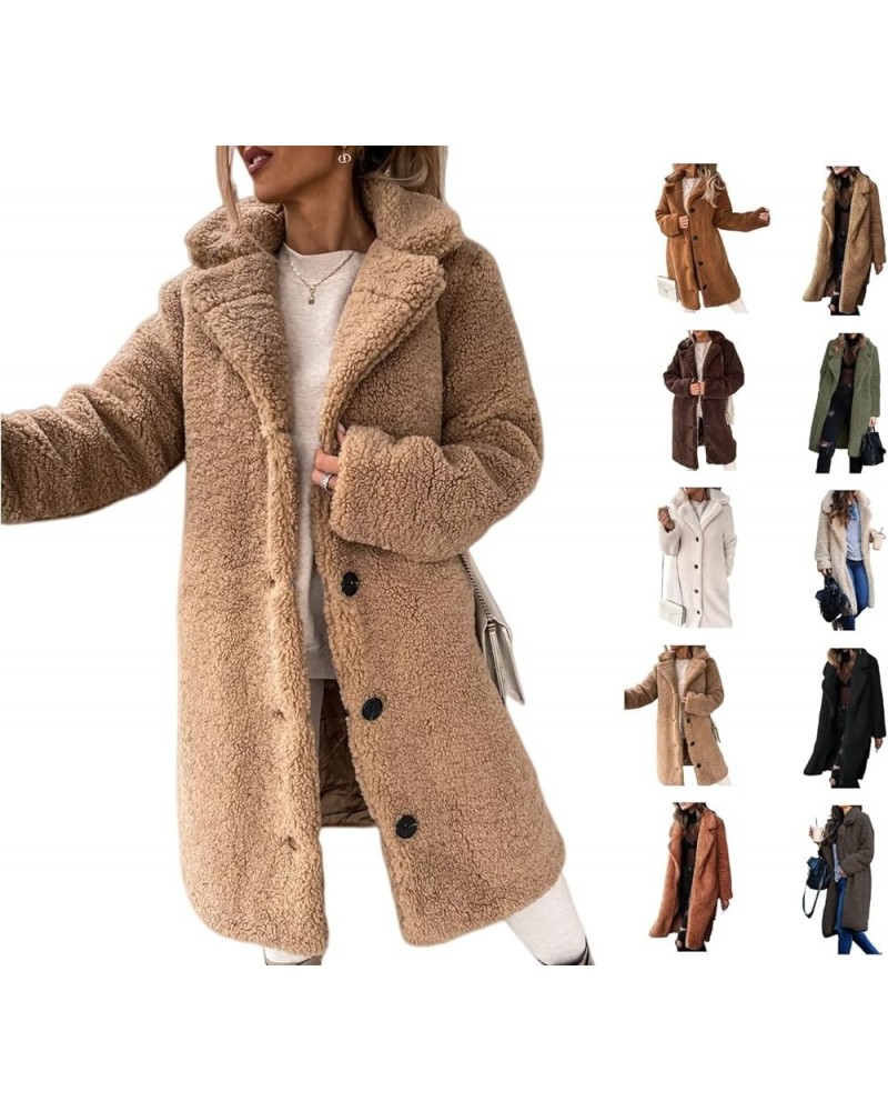 Womens Fuzzy Fleece Button Down Coats Lapel Open Front Cardigans Long Jackets Plush Overcoat Winter Warm Outwear A-khaki $11....