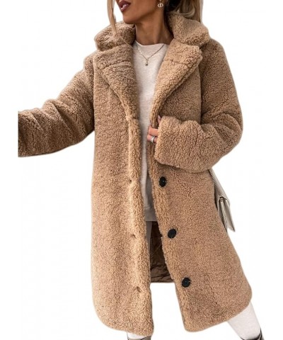 Womens Fuzzy Fleece Button Down Coats Lapel Open Front Cardigans Long Jackets Plush Overcoat Winter Warm Outwear A-khaki $11....