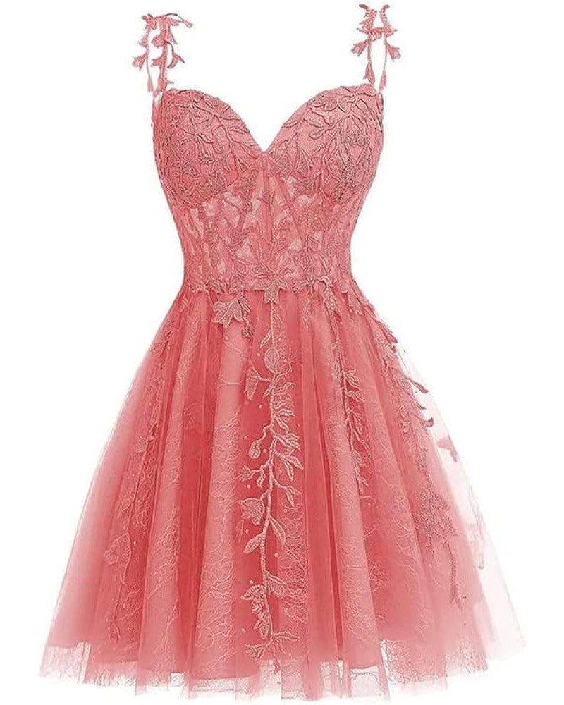 Women's Tulle Homecoming Dresses for Teens Spaghetti Strap Lace Applique Short Prom Dresses 2024 Cocktail Mini Dress Coral $3...