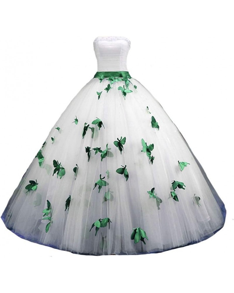 Strapless Ball Gown Butterfly Flowers Pearls Long Prom Gown Wedding Dress White and Emerald Green $62.00 Dresses