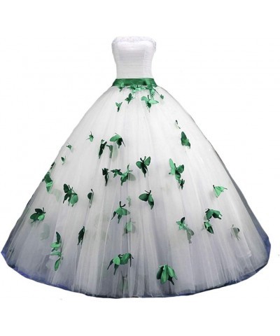 Strapless Ball Gown Butterfly Flowers Pearls Long Prom Gown Wedding Dress White and Emerald Green $62.00 Dresses