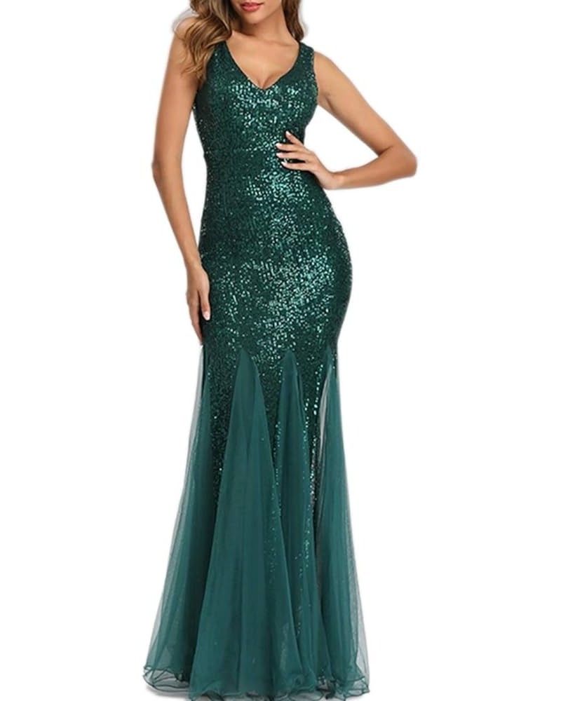 Womens Party Dress Sequins Tulle Sexy V-Neck Long Dress Sleeveless Formal Evening Prom Gowns Green $30.75 Dresses