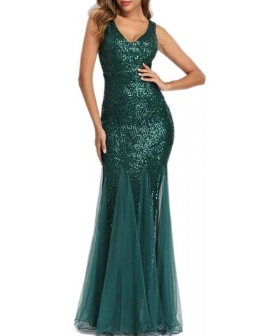 Womens Party Dress Sequins Tulle Sexy V-Neck Long Dress Sleeveless Formal Evening Prom Gowns Green $30.75 Dresses