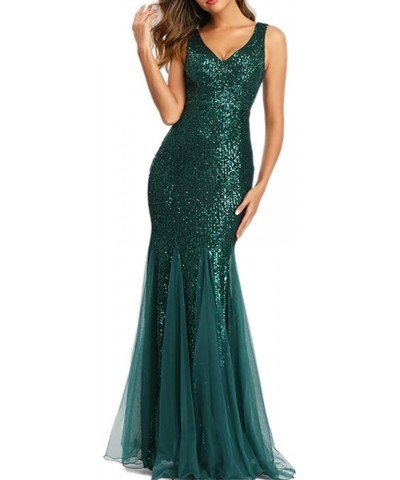 Womens Party Dress Sequins Tulle Sexy V-Neck Long Dress Sleeveless Formal Evening Prom Gowns Green $30.75 Dresses