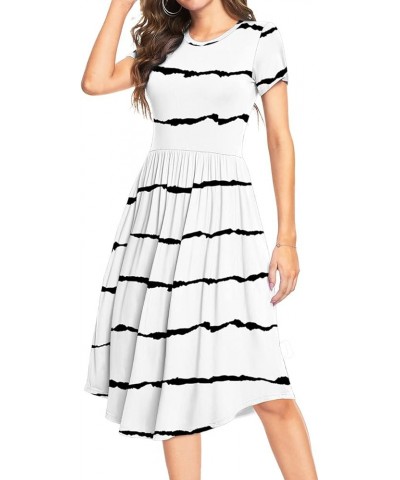 Women Summer Polka Dot Short Sleeve Midi Casual Dress Knee Length Teacher Dresses with Pockets B-stripe White $14.07 Dresses