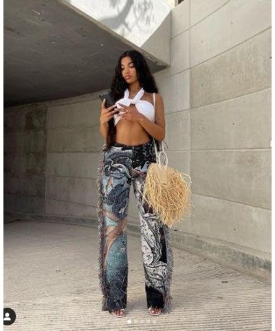 Women Hippie Tassel Pants Pattern Printing Elastic Fringe Pants Stacked High Waisted Pants for Women B8 New Green $23.64 Pants