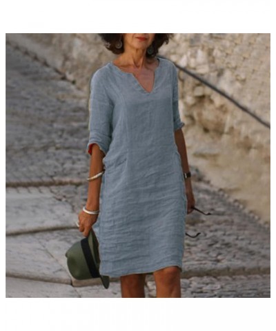 Womens Summer Dresses Cotton Linen Dresses for Women 2023 Spring Summer Casual 3/4 Sleeve Midi Sun Dress Beach Dress A1-gray ...