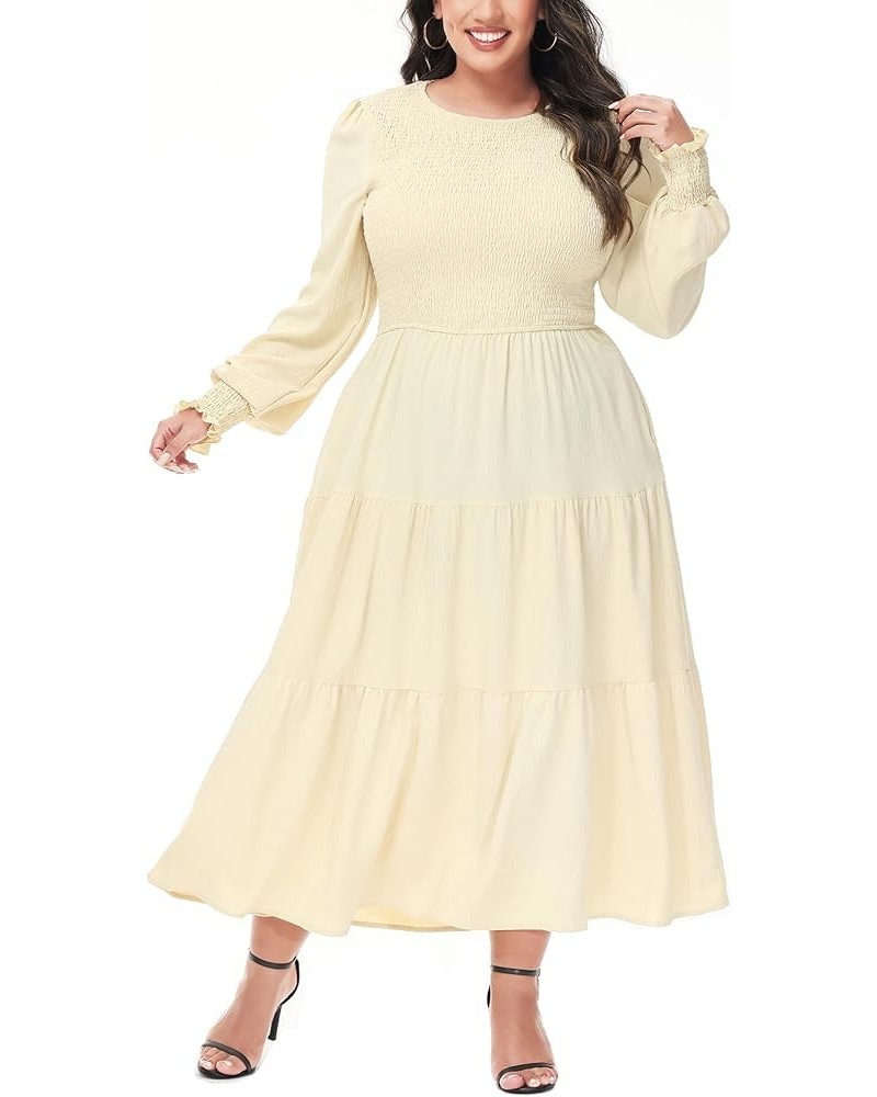 Women's Plus Size Casual Poet Long Sleeve Smocked Dress Crewneck Flowy Tiered Midi Dress Beige $19.00 Dresses