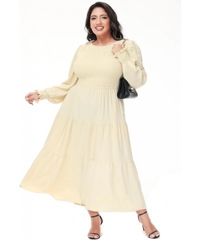 Women's Plus Size Casual Poet Long Sleeve Smocked Dress Crewneck Flowy Tiered Midi Dress Beige $19.00 Dresses